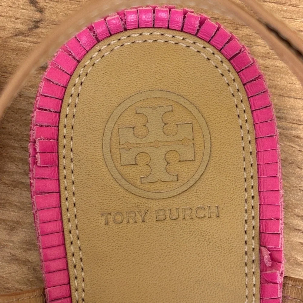 TORY BURCH Miller Fringe Thong Flat Sandals Dusty Cypress/Hibiscus Women Size 7